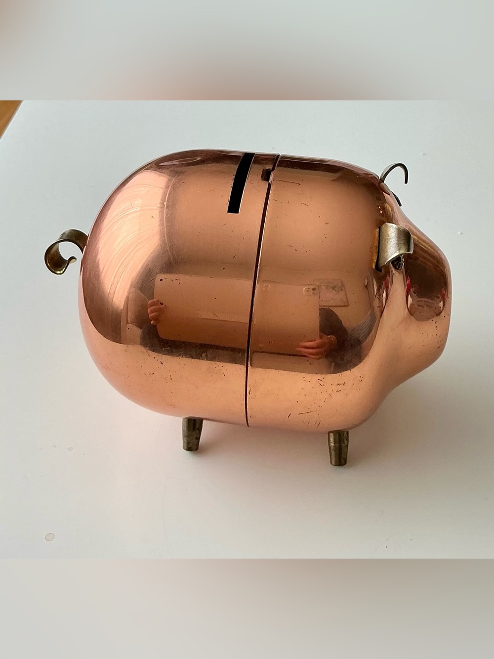 VTG Coppercraft Guild Copper Piggy Bank MCM Brass Leg Figural Coin Bank ArtDeco - Picture 4 of 9